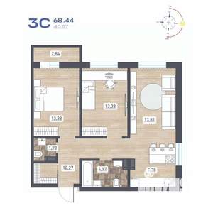3-к квартира, строящийся дом, 68м2, 12/17 этаж