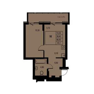 1-к квартира, строящийся дом, 43м2, 8/23 этаж