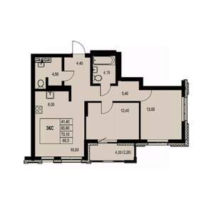 3-к квартира, строящийся дом, 68м2, 17/23 этаж