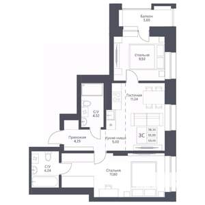 3-к квартира, вторичка, 59м2, 3/24 этаж