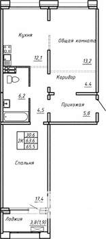 2-к квартира, вторичка, 66м2, 1/15 этаж