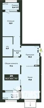 2-к квартира, строящийся дом, 72м2, 1/14 этаж