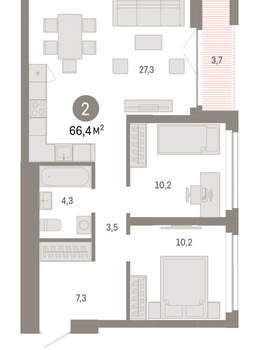 2-к квартира, вторичка, 66м2, 11/23 этаж