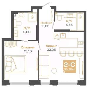 2-к квартира, вторичка, 55м2, 23/24 этаж