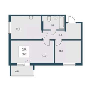 2-к квартира, вторичка, 59м2, 9/17 этаж