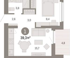 1-к квартира, вторичка, 39м2, 9/12 этаж
