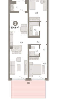 2-к квартира, вторичка, 107м2, 1/15 этаж