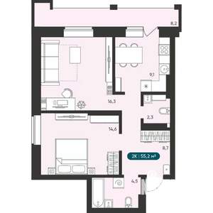 2-к квартира, вторичка, 55м2, 12/25 этаж