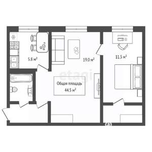 2-к квартира, вторичка, 45м2, 1/5 этаж