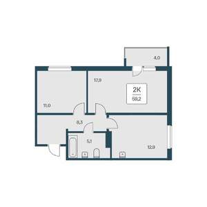 2-к квартира, вторичка, 59м2, 9/17 этаж