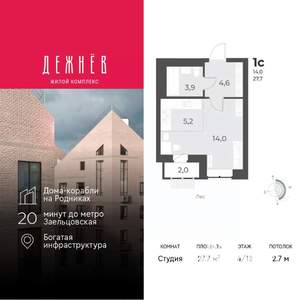 Студия квартира, вторичка, 28м2, 4/12 этаж
