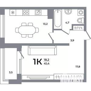 1-к квартира, вторичка, 41м2, 11/12 этаж
