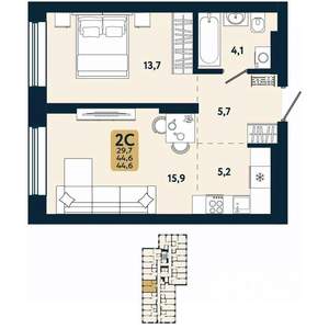 2-к квартира, вторичка, 45м2, 19/25 этаж