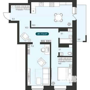 2-к квартира, вторичка, 71м2, 6/25 этаж