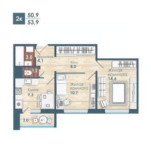 2-к квартира, строящийся дом, 54м2, 15/18 этаж