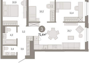 3-к квартира, вторичка, 71м2, 7/24 этаж