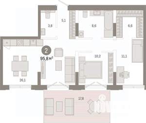 2-к квартира, вторичка, 96м2, 1/8 этаж