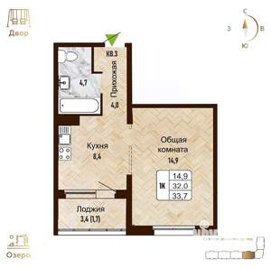 1-к квартира, строящийся дом, 34м2, 15/17 этаж