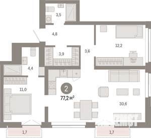 2-к квартира, вторичка, 77м2, 11/23 этаж