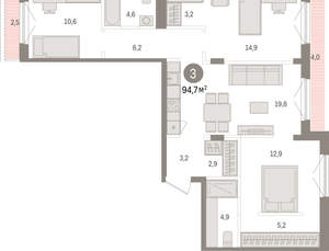 3-к квартира, вторичка, 95м2, 8/15 этаж