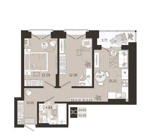 2-к квартира, строящийся дом, 53м2, 25/25 этаж