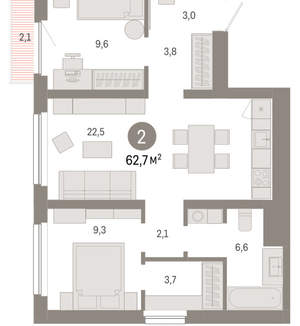 2-к квартира, вторичка, 63м2, 12/12 этаж