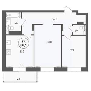 2-к квартира, вторичка, 66м2, 16/18 этаж