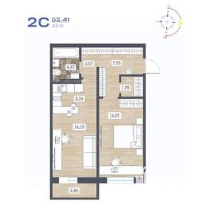 2-к квартира, строящийся дом, 52м2, 9/17 этаж