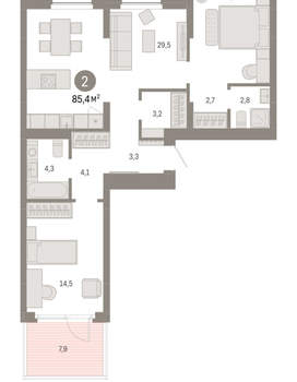 2-к квартира, вторичка, 85м2, 2/12 этаж