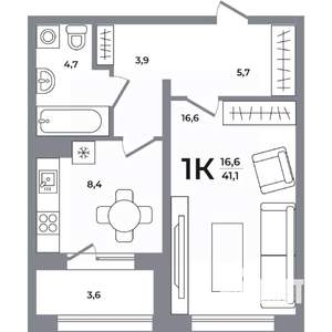 1-к квартира, вторичка, 41м2, 9/12 этаж