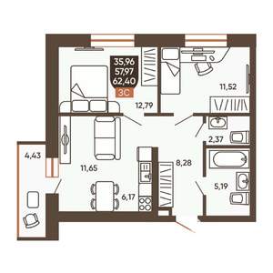 3-к квартира, вторичка, 62м2, 17/19 этаж