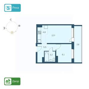 2-к квартира, строящийся дом, 39м2, 15/17 этаж