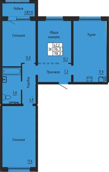 3-к квартира, вторичка, 78м2, 3/17 этаж