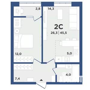 2-к квартира, вторичка, 46м2, 6/9 этаж