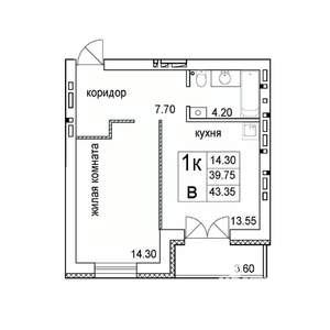 1-к квартира, строящийся дом, 43м2, 7/8 этаж