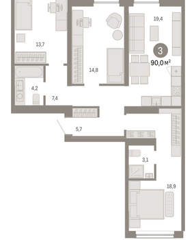 3-к квартира, вторичка, 90м2, 3/15 этаж