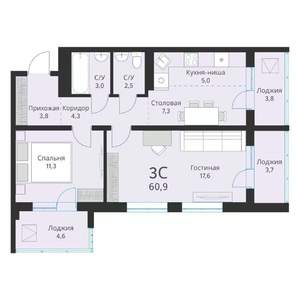 3-к квартира, вторичка, 61м2, 15/16 этаж