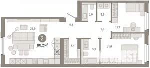 2-к квартира, вторичка, 80м2, 8/9 этаж