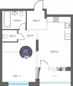 2-к квартира, вторичка, 43м2, 11/16 этаж