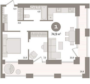 1-к квартира, вторичка, 75м2, 16/17 этаж