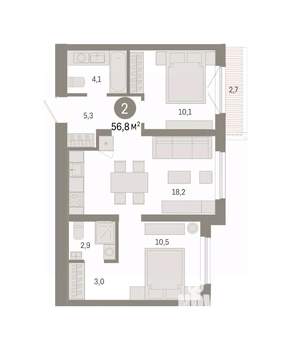 2-к квартира, вторичка, 57м2, 8/8 этаж