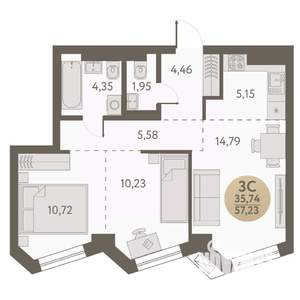 3-к квартира, вторичка, 57м2, 16/31 этаж