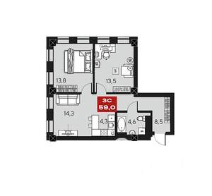 2-к квартира, вторичка, 59м2, 12/14 этаж