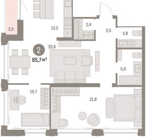 2-к квартира, вторичка, 85м2, 25/30 этаж