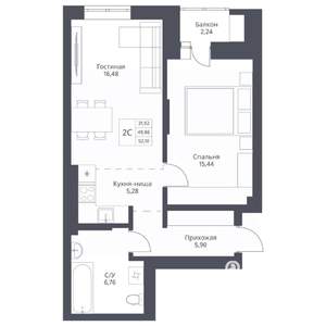 2-к квартира, вторичка, 52м2, 13/24 этаж