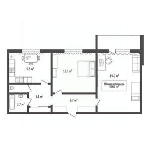 2-к квартира, вторичка, 60м2, 9/12 этаж