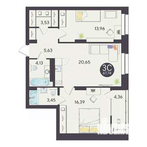3-к квартира, строящийся дом, 68м2, 5/10 этаж