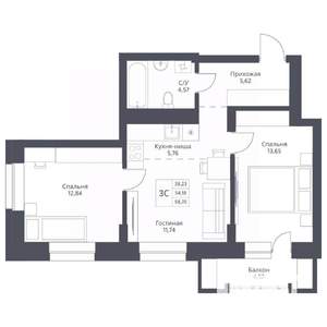 3-к квартира, вторичка, 58м2, 19/24 этаж