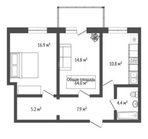 2-к квартира, вторичка, 64м2, 1/18 этаж