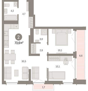 2-к квартира, вторичка, 74м2, 10/23 этаж